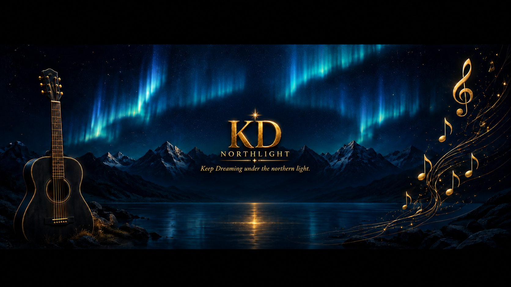 KD Northlight med slagordet Keep Dreaming under the northern light, gitar, fjell og nordlys